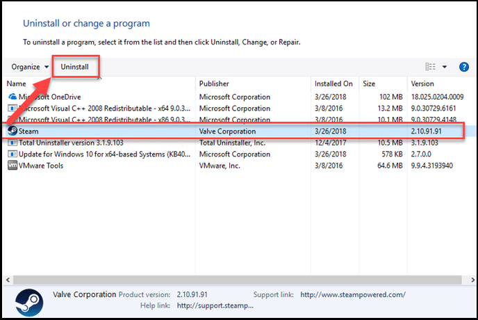 uninstall Steam from Windows