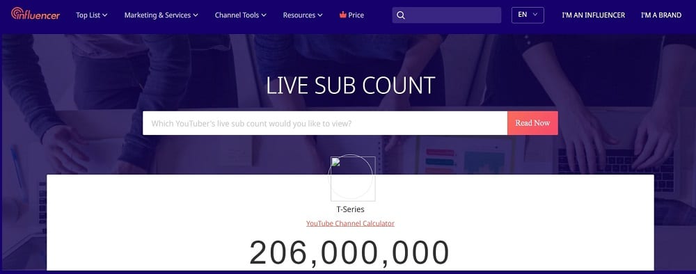 Live Sub Count for   Top  Influencers by Subscriber
