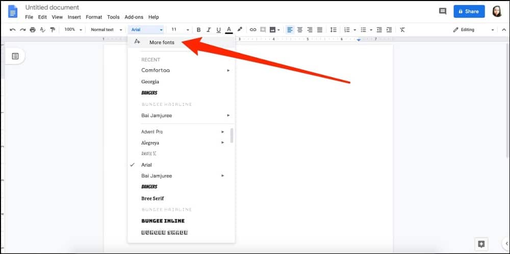 Adding fonts on Google docs via More Fonts option