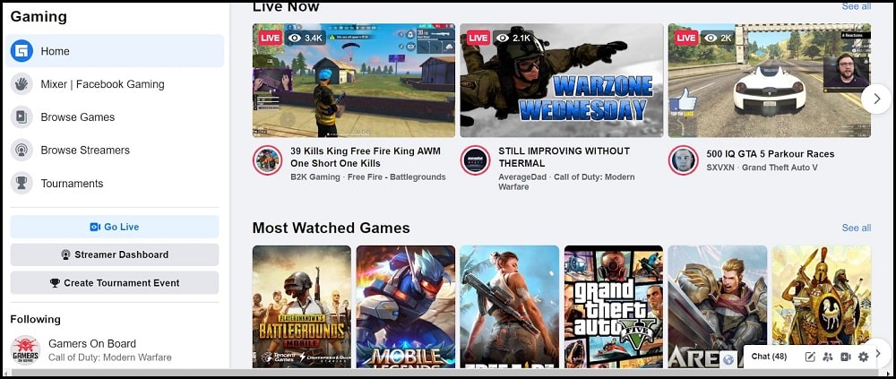 Facebook Gaming homepage