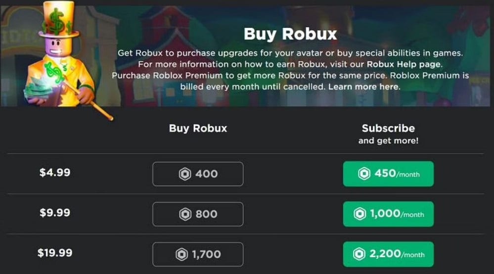 Subscribe to Roblox premium member