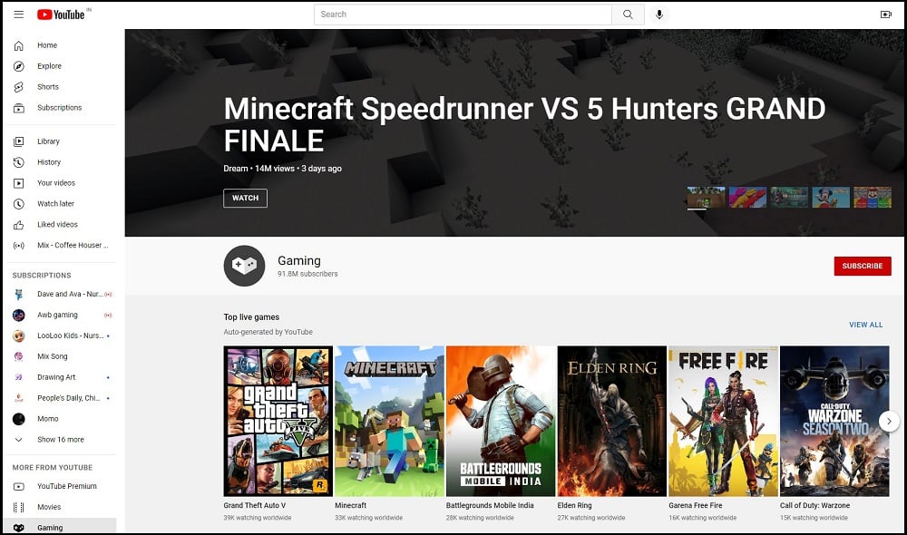 YouTube Gaming HOMEPAGE