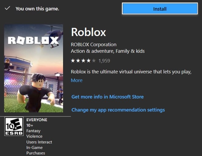 Listing of Roblox UWP