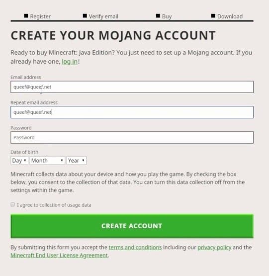 Minecraft Loging page