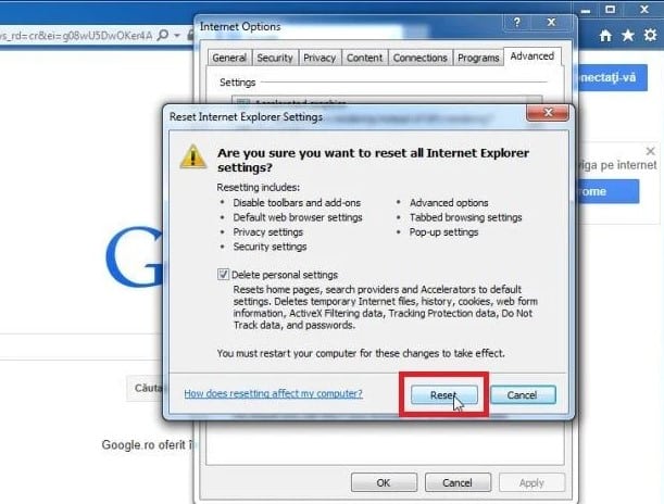 Reset Internet Explorer settings