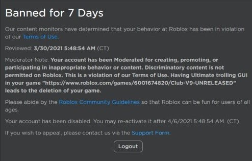 Roblox account is banned