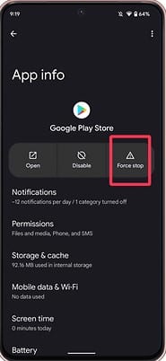 Tap the Force stop button for stop google play