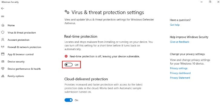 Turn off Real-time protection