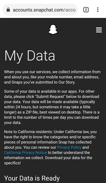 snapcha My Data page