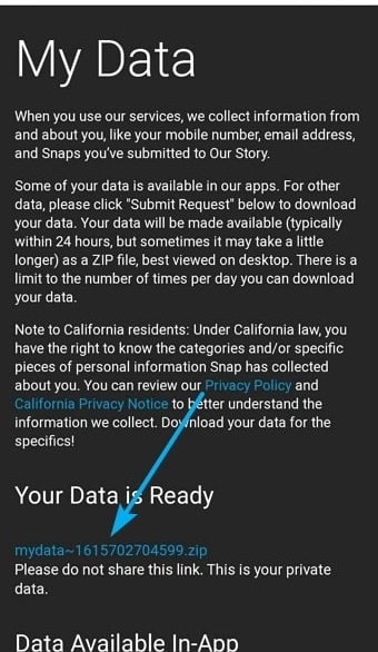 tap on mydata.zip-snapchat