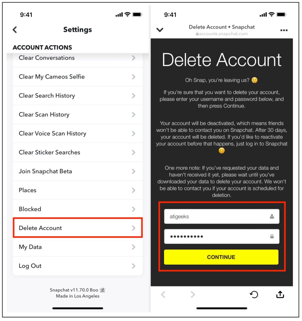 Delete Account option of Snapchat