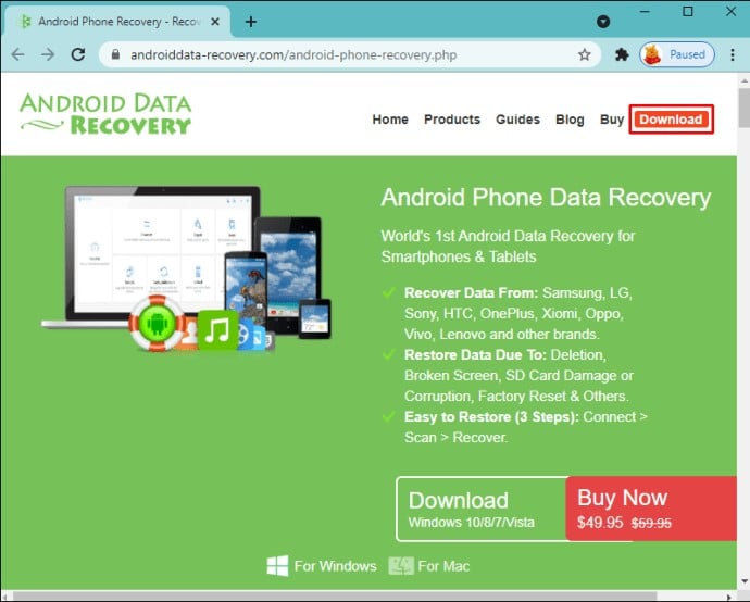 Launch the Android Data Recovery tool