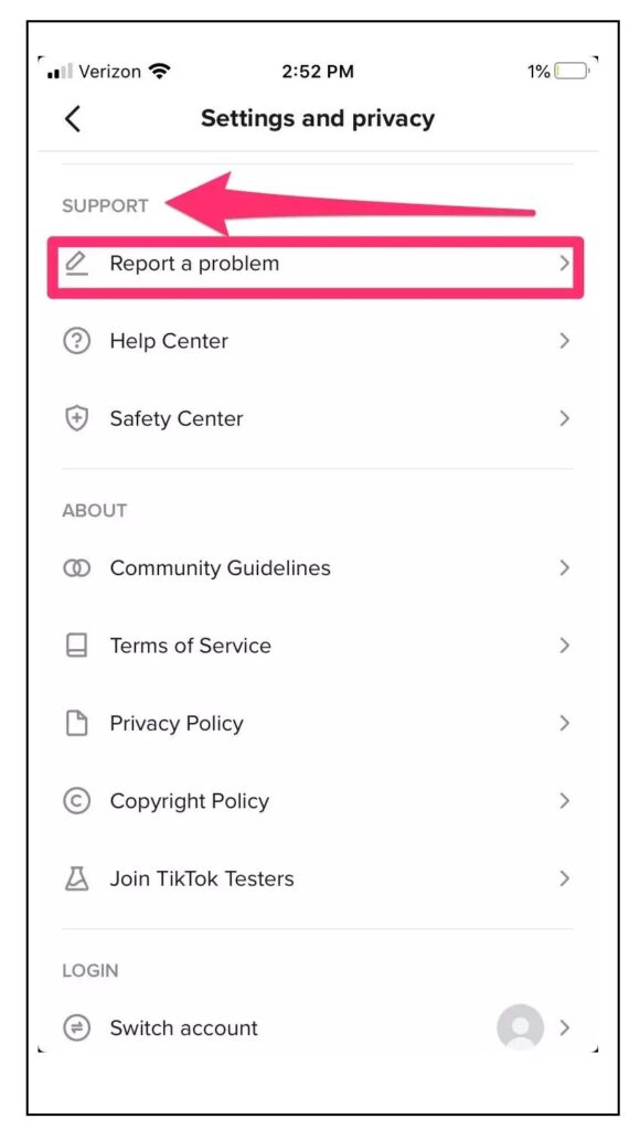 Report a Problem option