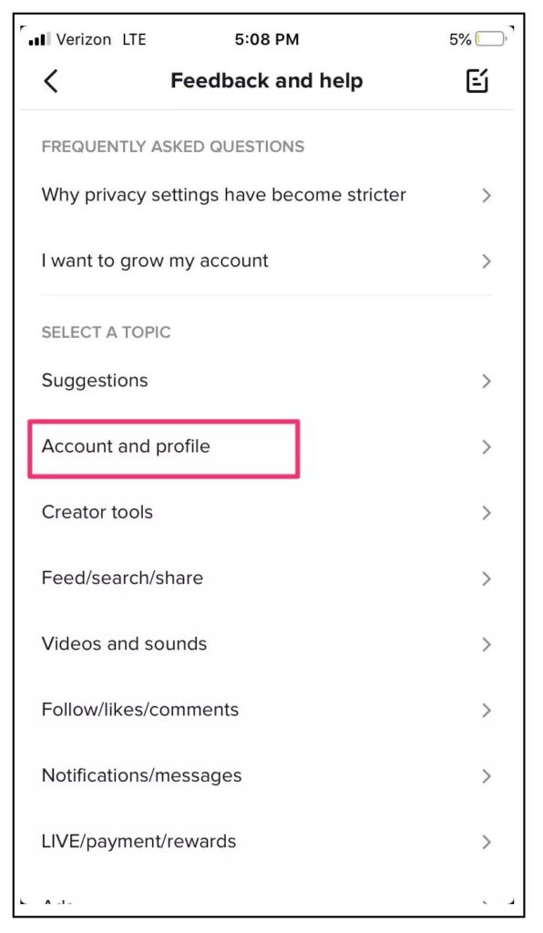 Select the Account and Profile option