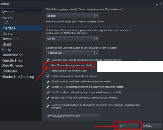 Settings menu- click on Interface