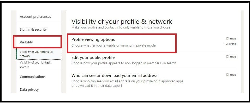 Visibility section before clicking on Profile viewing options