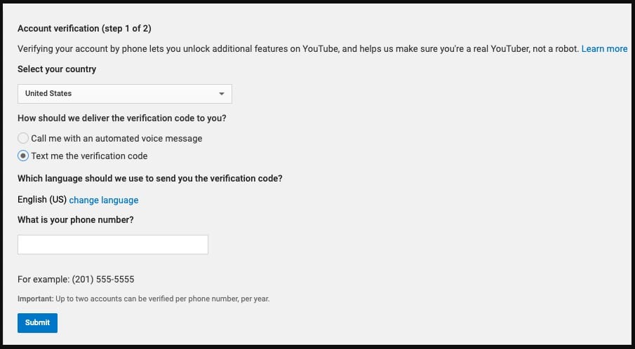 click Submit and wait for the verification code