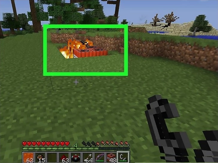By a spreading fire or lava