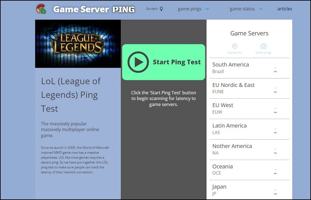 Game server ping overview