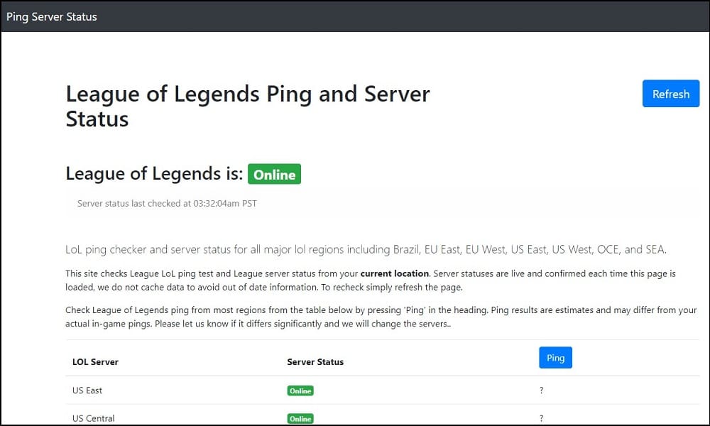 Ping server status overview