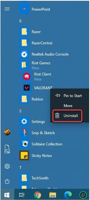 Valorant and click on the uninstall option