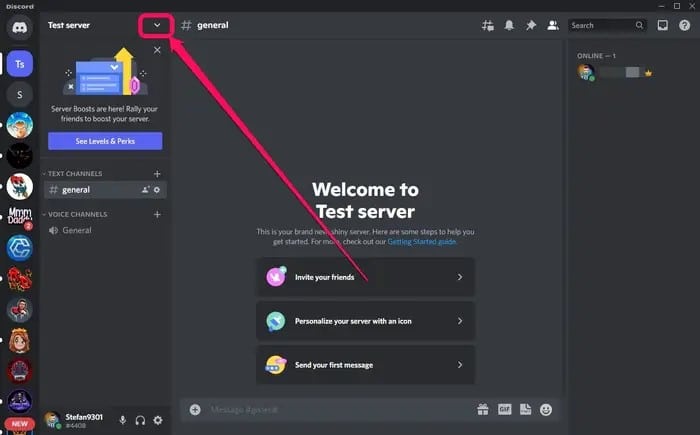 Click on the down arrow icon in Discord Server