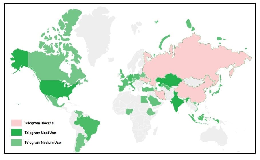 The Telegram app is available for download in 155 countries out of the 175 globally