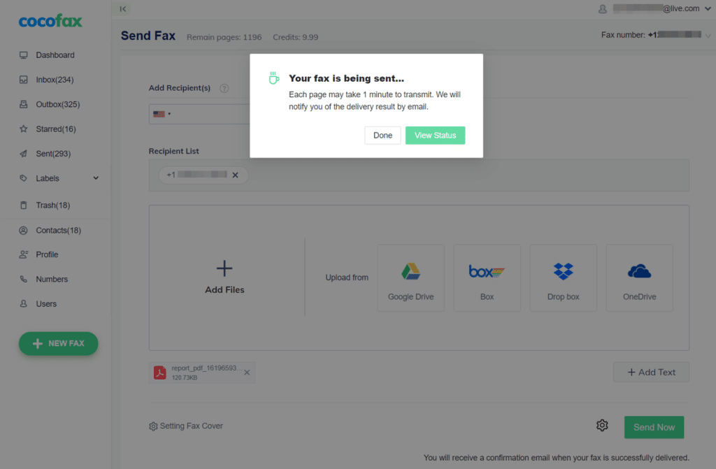 CocoFax setting Fax Cover