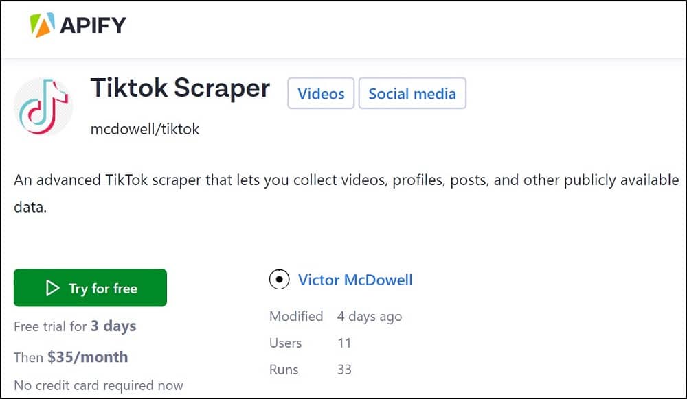 Apify for TikTok scraper overview