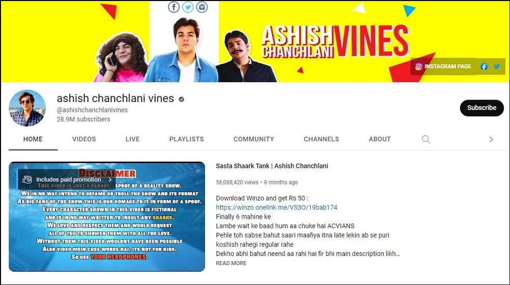 Ashish Chanchlani Youtube Feature