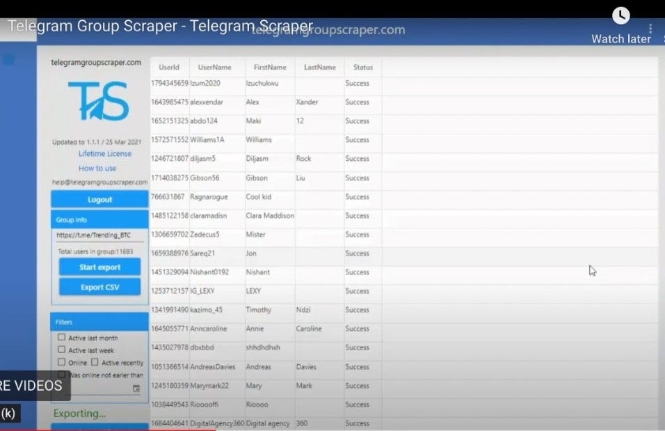 Click the export file in CSV