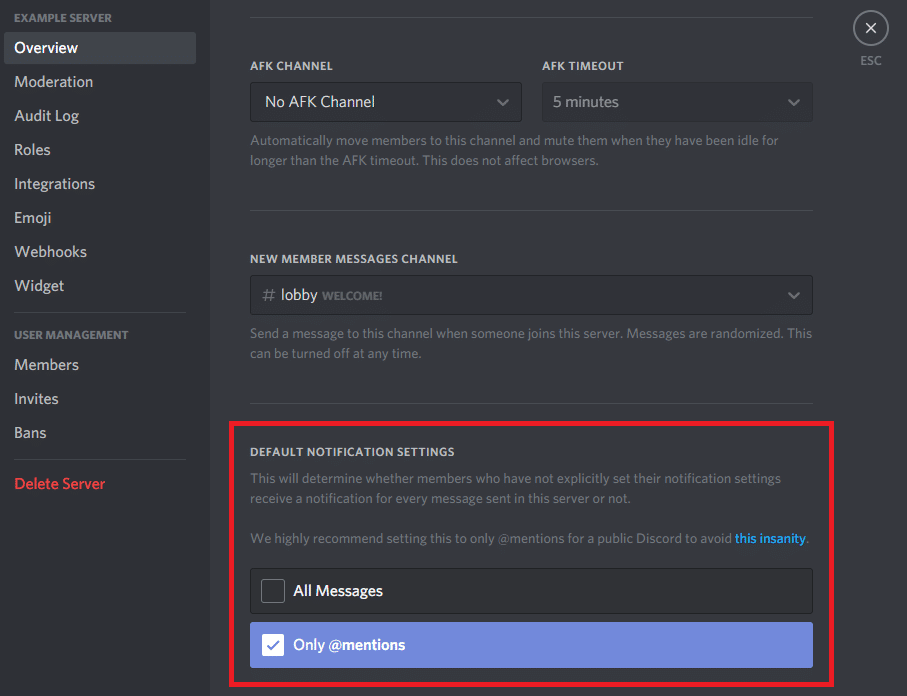 Discord Server Notification settings