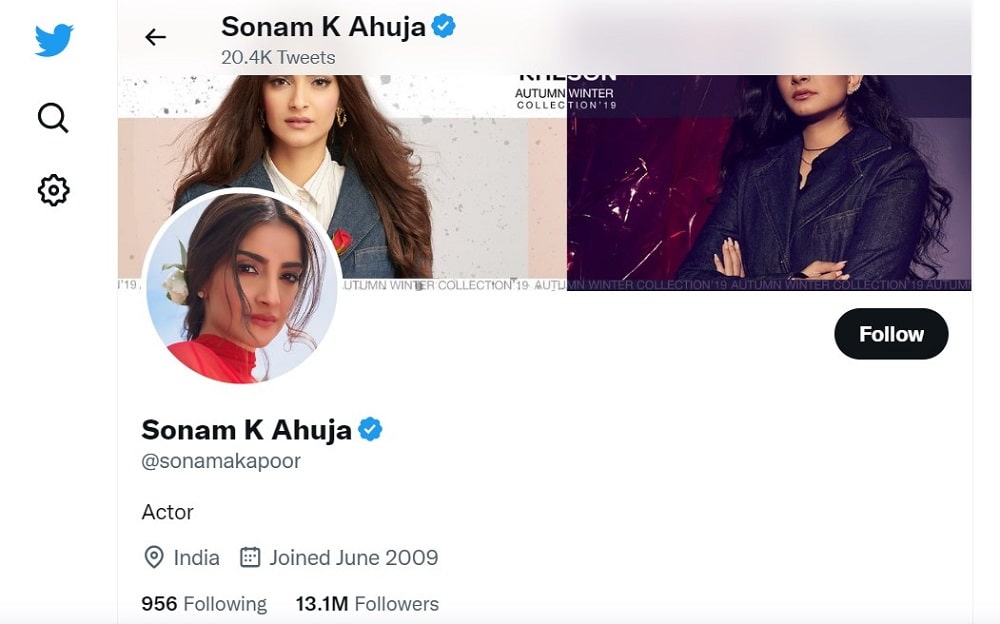 Sonam Kapoor Twitter Account Overview