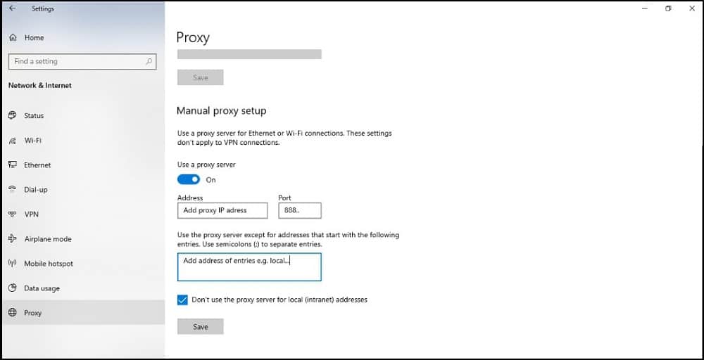 Input the details of the IP address or proxy server