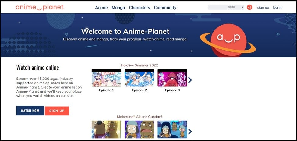 Anime Planet Homepage