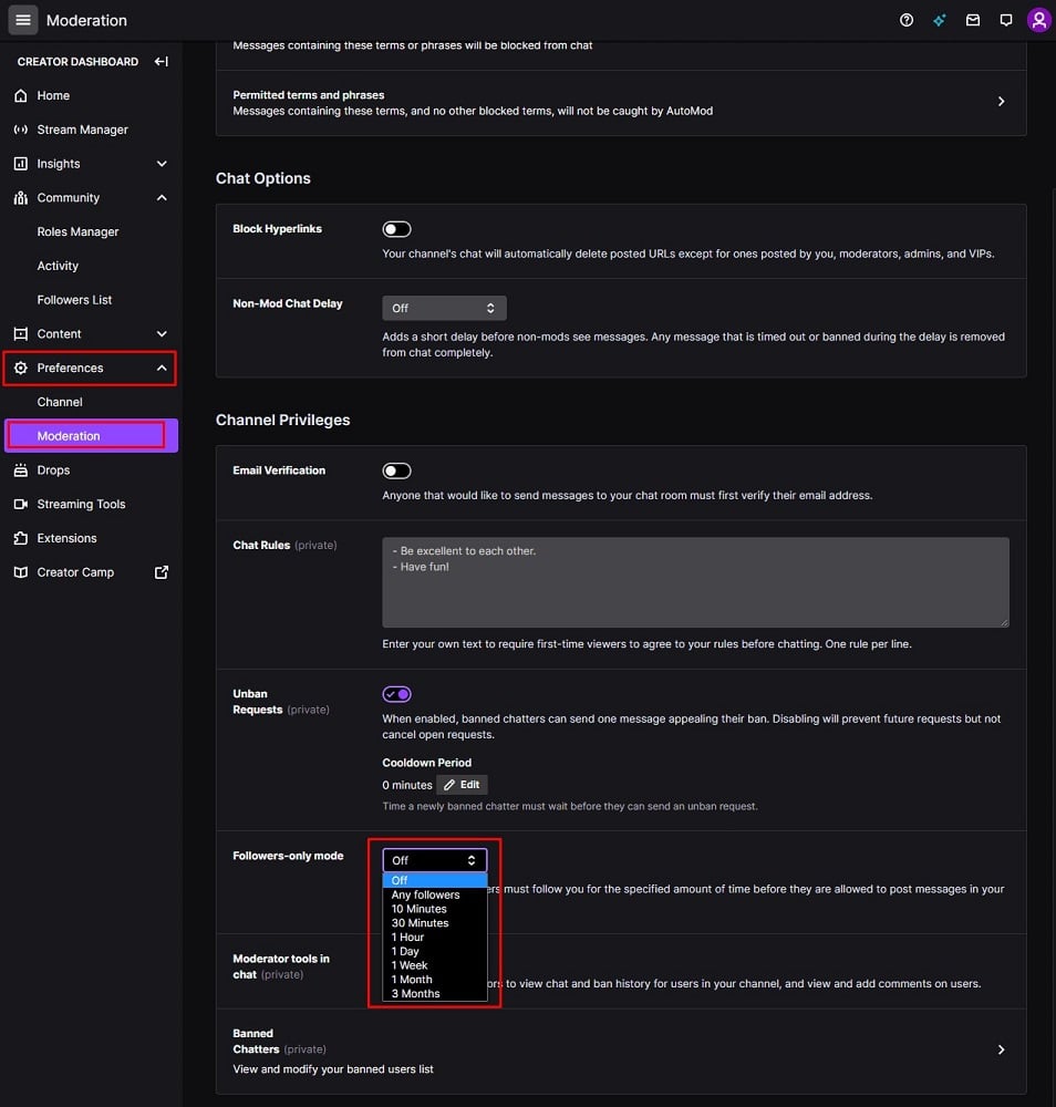 Disable private messages from viewers and streamers