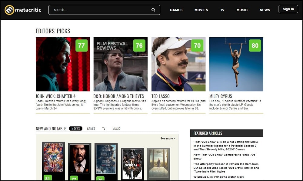 Metacritic Homepage