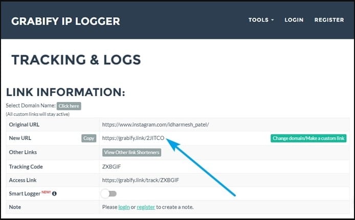 The IP details of the IG user will be visible on Grabify once the IG user clicks on the tracking link