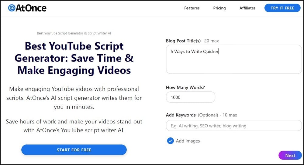 Atonce YouTube Script Generator