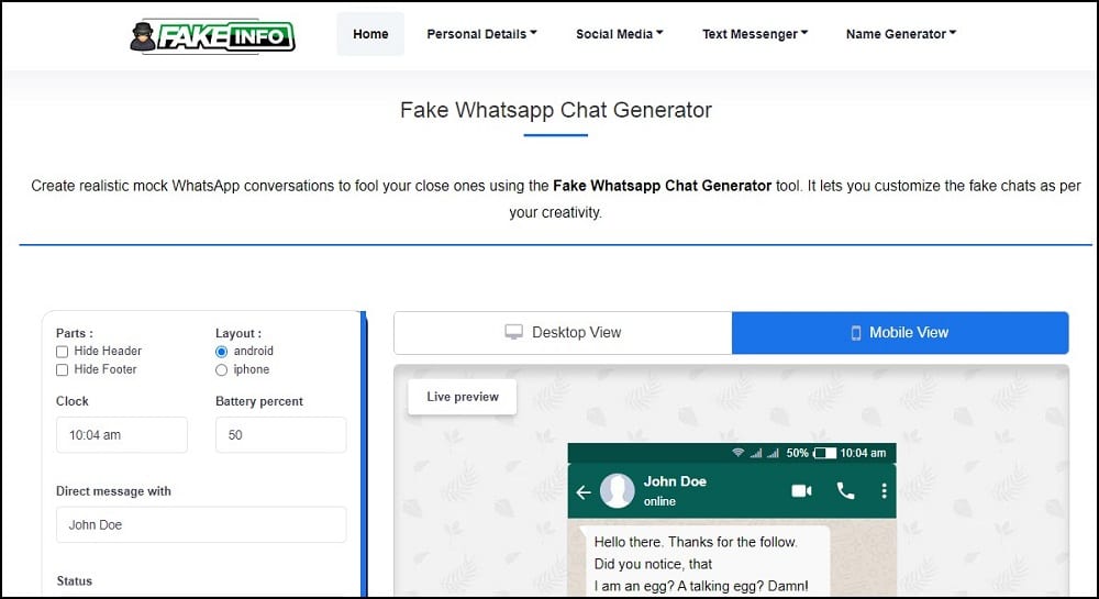 Fakeinfo WhatsApp Chat Generator