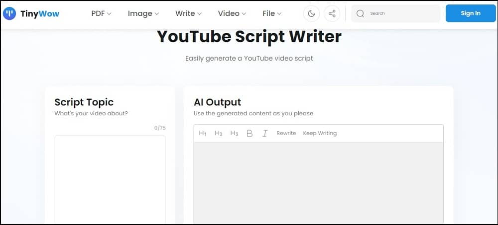 Tinywow YouTube Script Writer