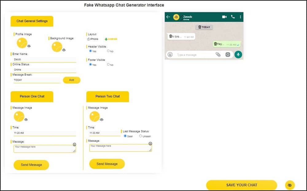 Zeoob Fake WhatsApp Chat Generator