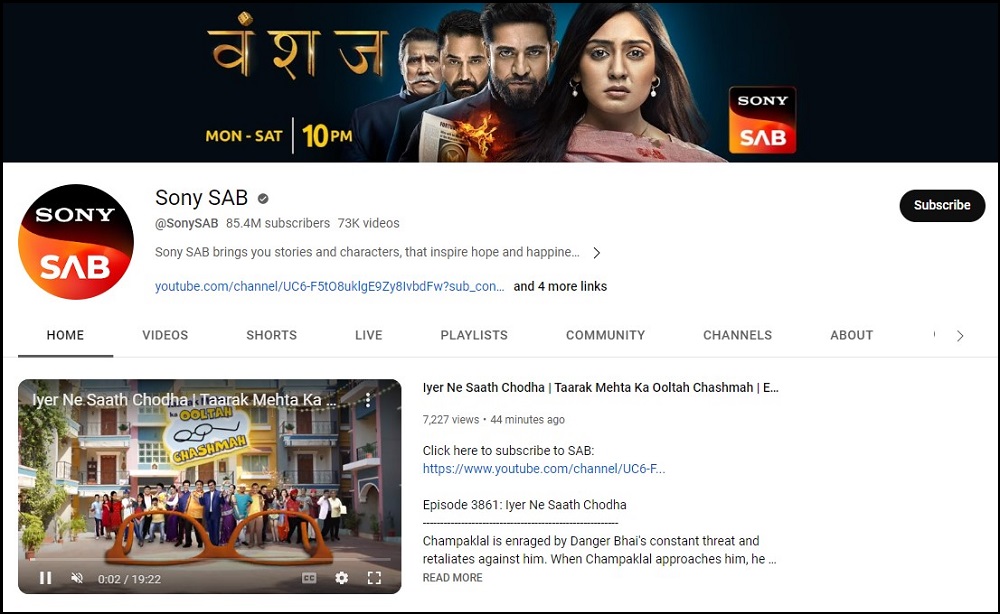 Sony SAB Valuable Subscribed Youtube Channel