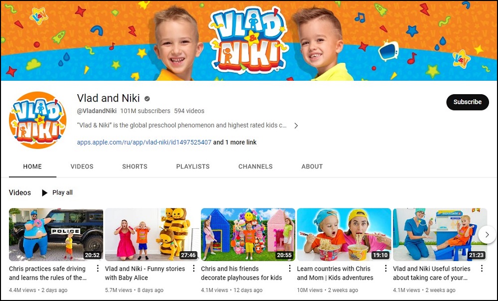 Vlad and Niki Valuable Subscribed Youtube Channel