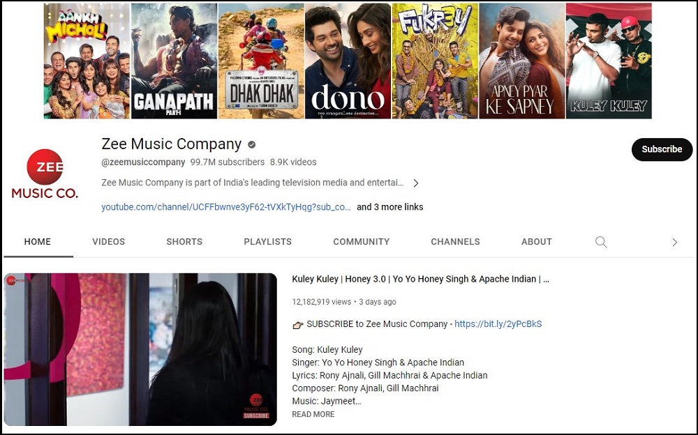 Zee Music Company Valuable Subscribed Youtube Channel