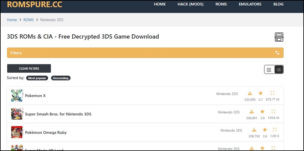 RomsPure 3DS ROM site