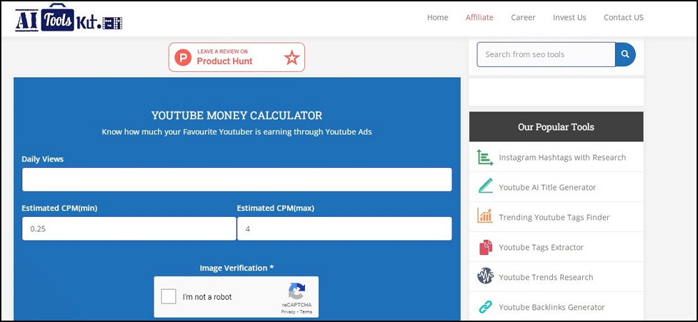 AI ToolsKit YouTube Money Calculator