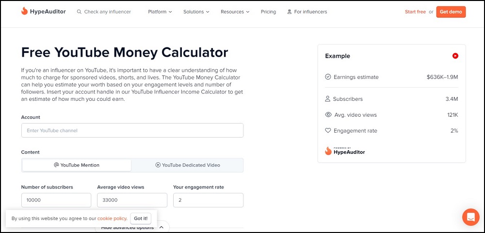 Hypeauditor YouTube money calculator