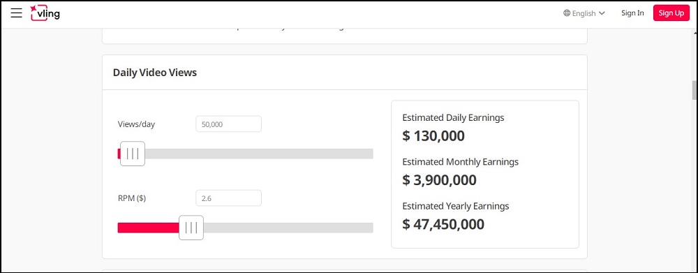 Vling YouTube channel calculator