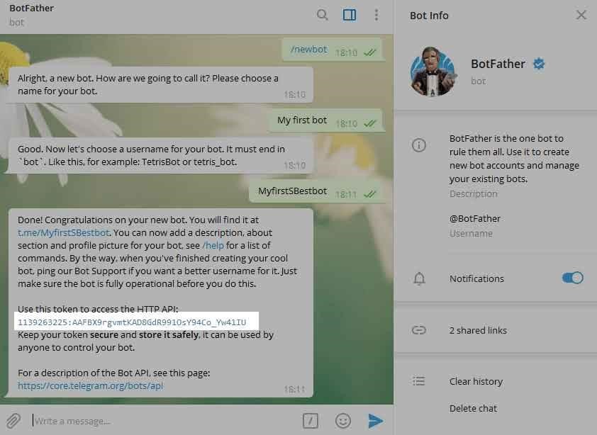 BotFather will create a token